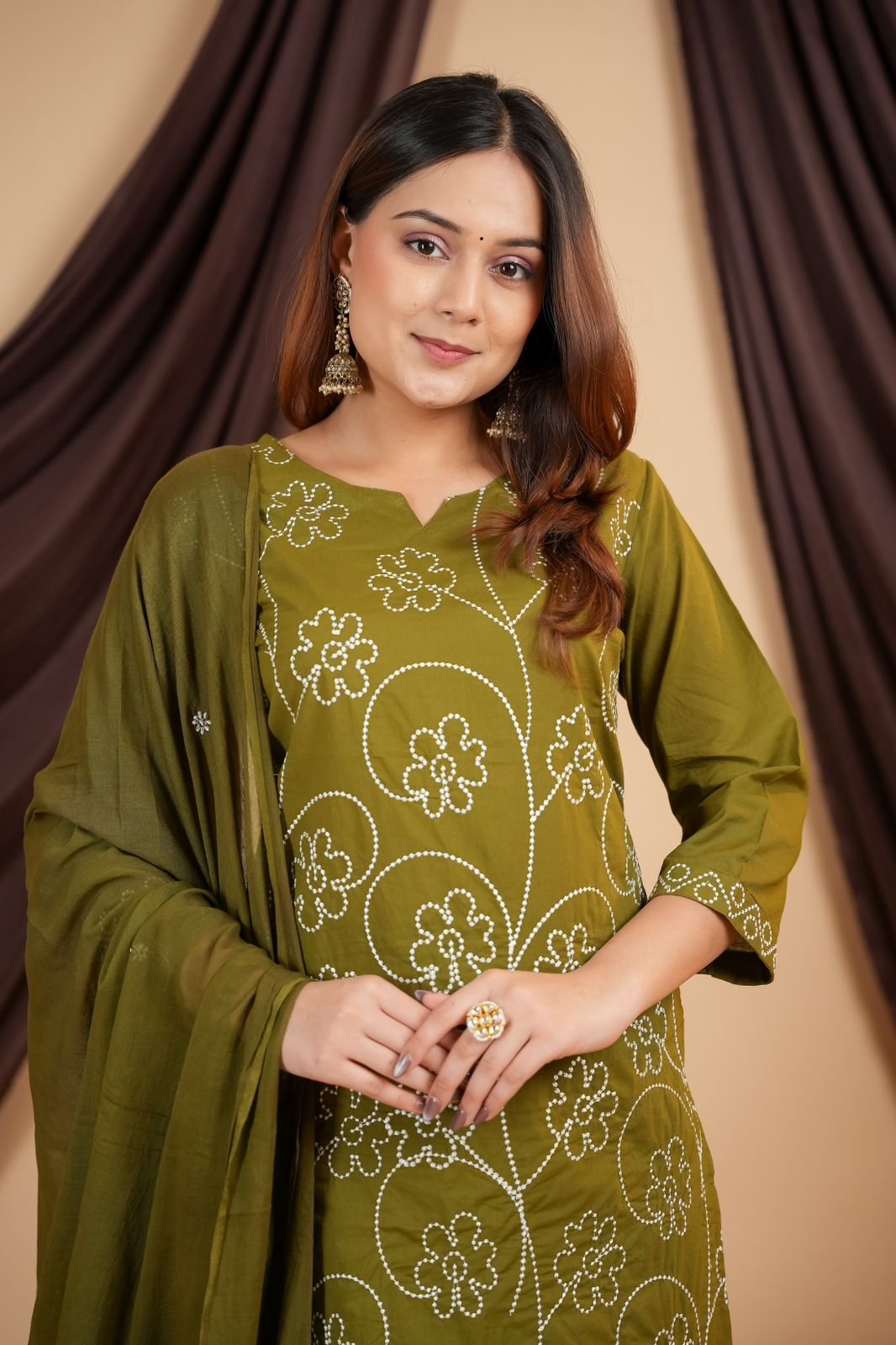 Green Cotton Embroidered Khadi Suit Set